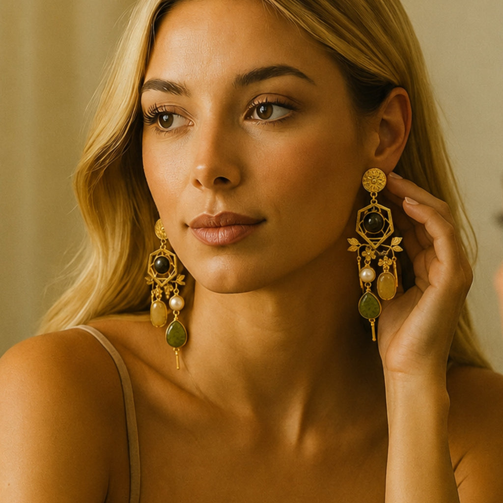 Midnight Bloom Earrings - 18 Kt Gold Pated - Decorated with Semi precious stones - Perfect for all occasions