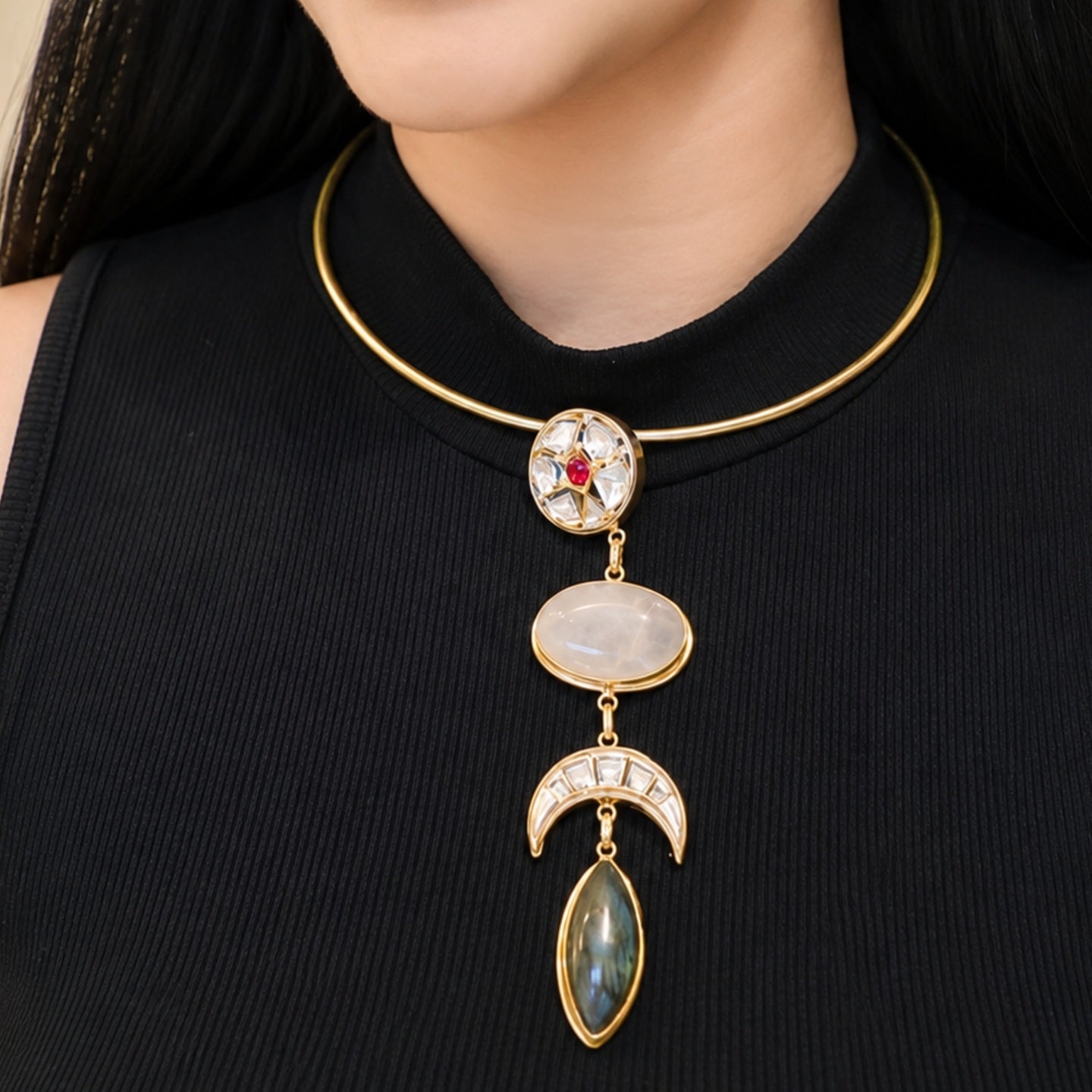 Premium Brass Halsi Necklace - 18 Kt Gold Plated Kundan Royal Statement Hasli for Women