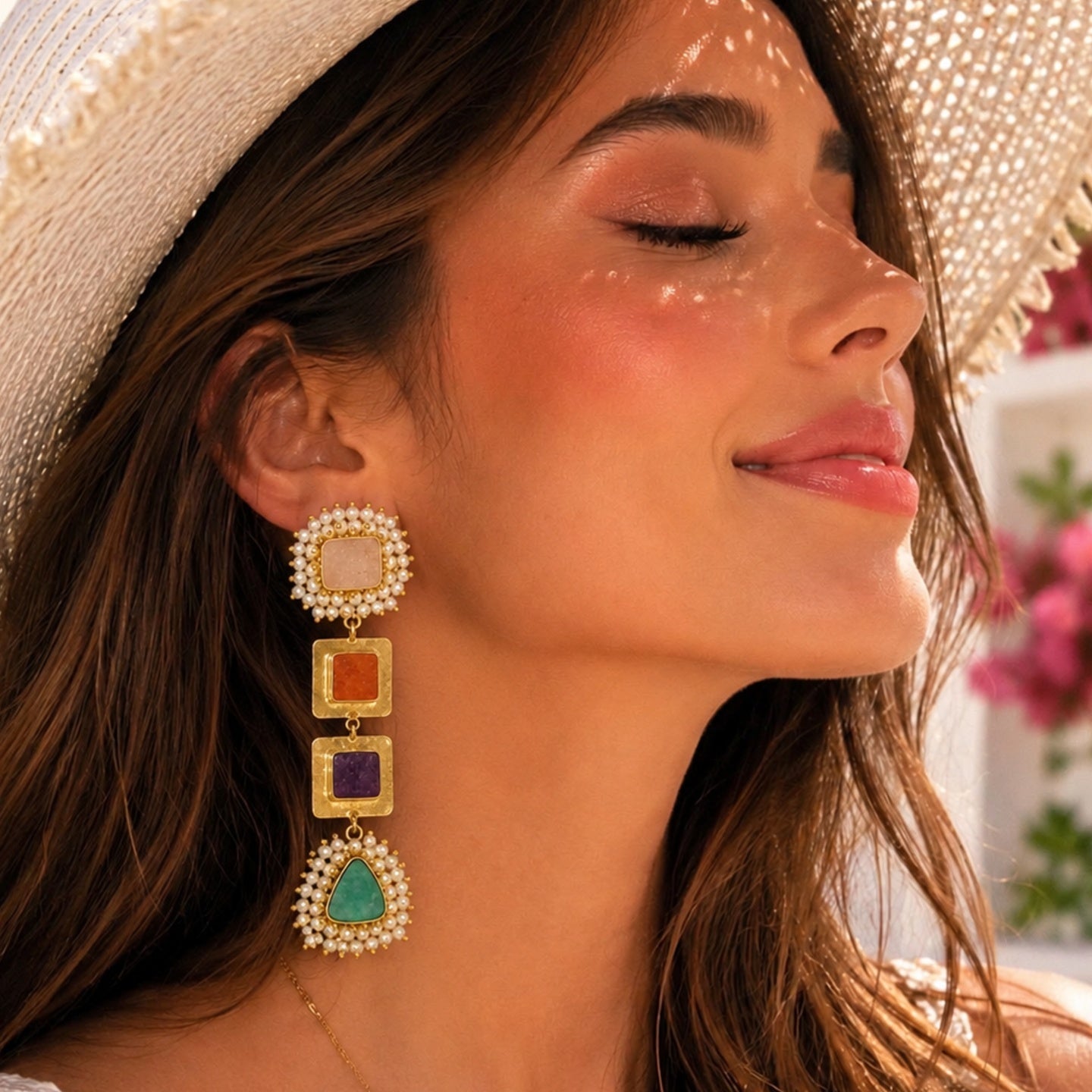 Semi precious stone Earrings - 18 Kt Gold Plated Multi Semi precious Stone Pearl Drop Earrings for Women