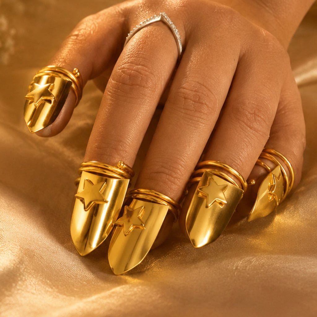 Nails Adjustable Ring made of Brass for that bold look - 10 pc in one set (for 2 hands) 18 Kt Gold Plated Star Shield Fingertip Ring Set for Women