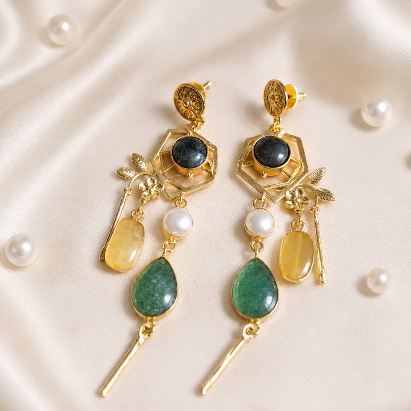 Midnight Bloom Earrings - 18 Kt Gold Pated - Decorated with Semi precious stones - Perfect for all occasions