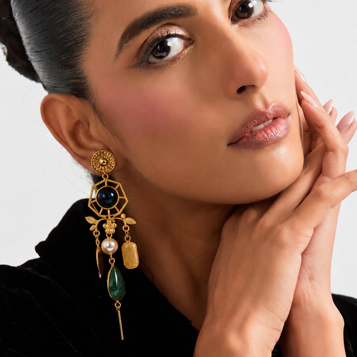 Midnight Bloom Earrings - 18 Kt Gold Pated - Decorated with Semi precious stones - Perfect for all occasions