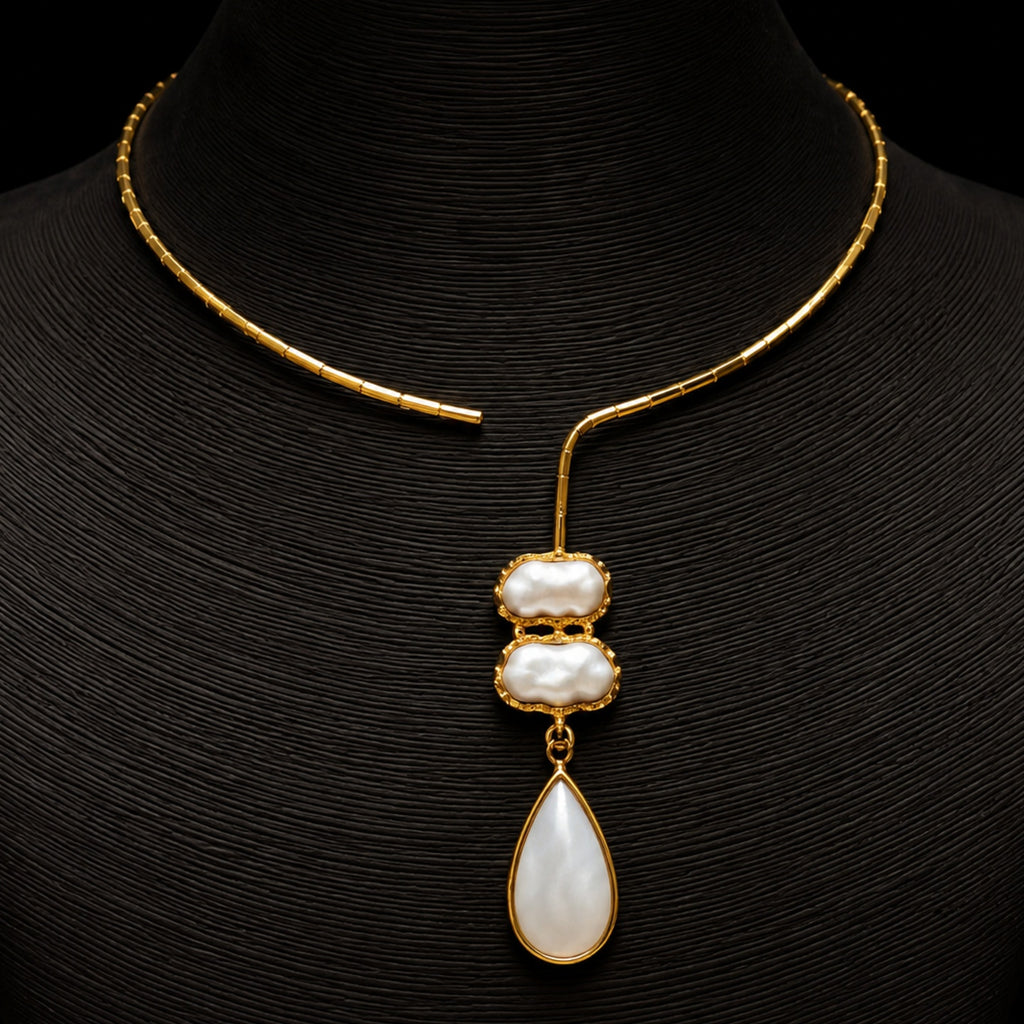 White stone drop with Mother of perl real stones, 18 Kt Gold Plated Pearl & White Stone Pendant Hasli Statement Necklace without earrings for Women