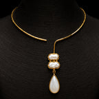 White stone drop with Mother of perl real stones, 18 Kt Gold Plated Pearl & White Stone Pendant Hasli Statement Necklace without earrings for Women