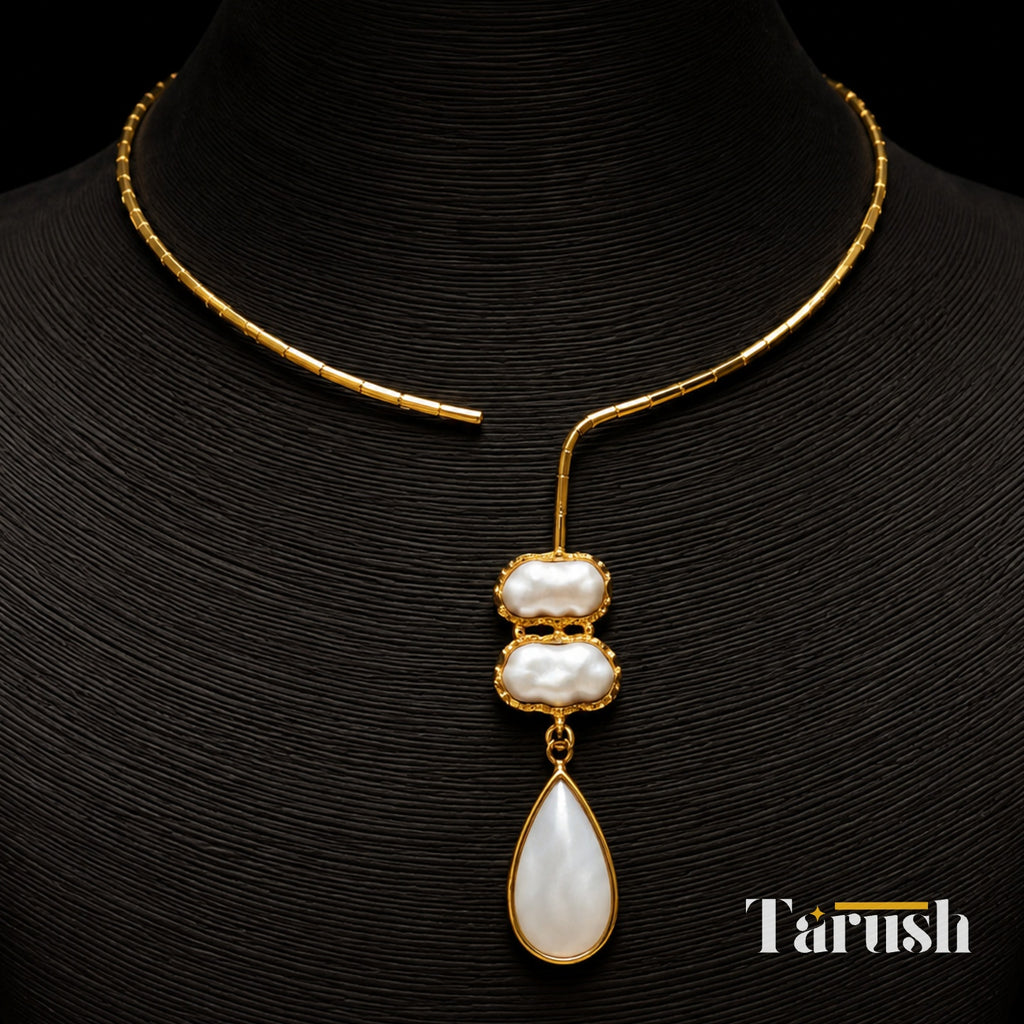 White stone drop with Mother of perl real stones, 18 Kt Gold Plated Pearl & White Stone Pendant Hasli Statement Necklace without earrings for Women