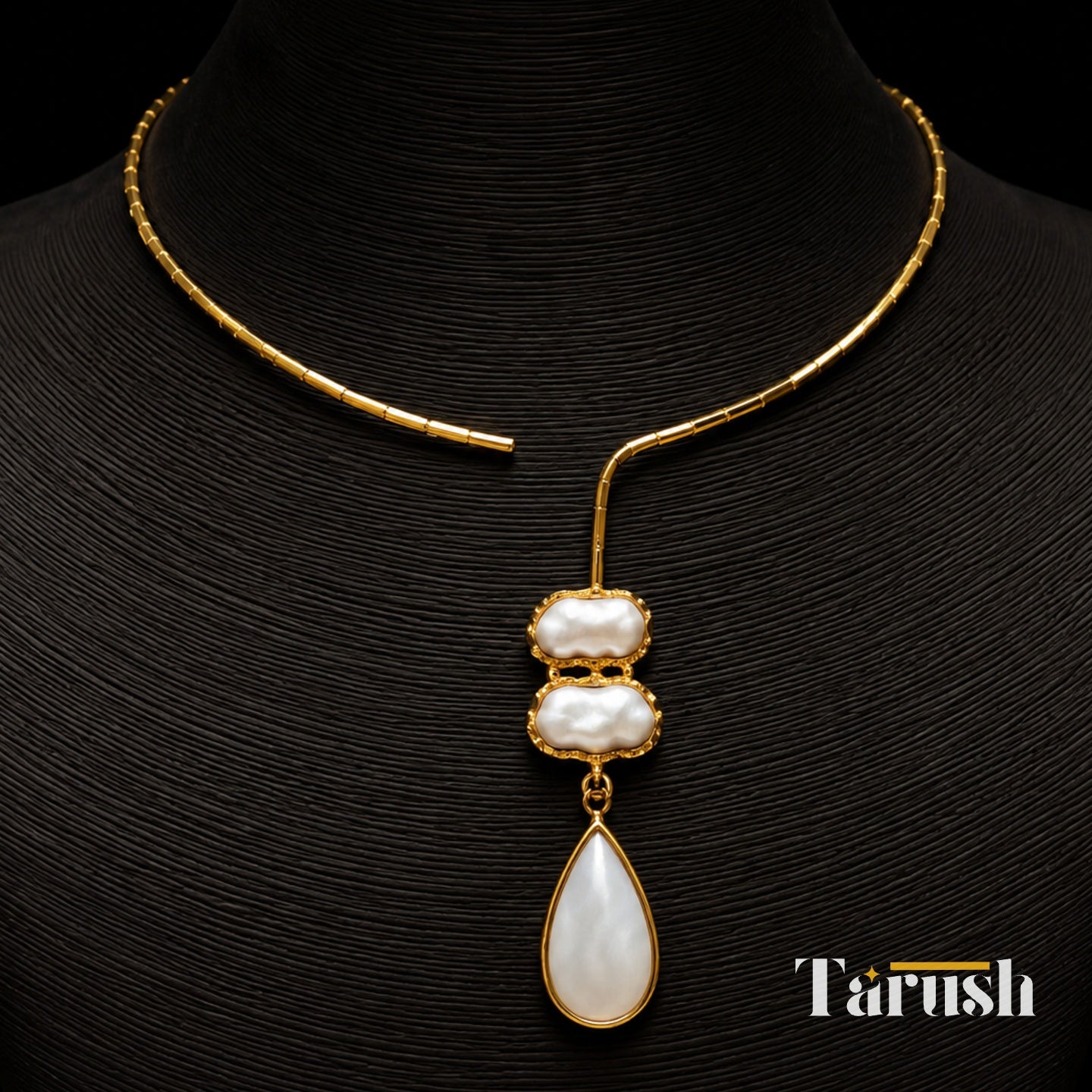 White stone drop with Mother of perl real stones, 18 Kt Gold Plated Pearl & White Stone Pendant Hasli Statement Necklace without earrings for Women