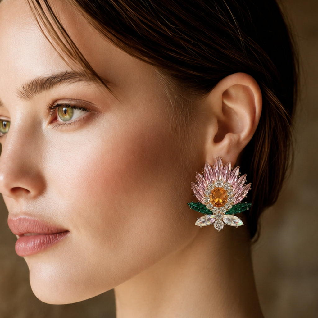 Crystal Floral Statement Earrings | Stainless Steel Anti Tarnish Earrings for Women