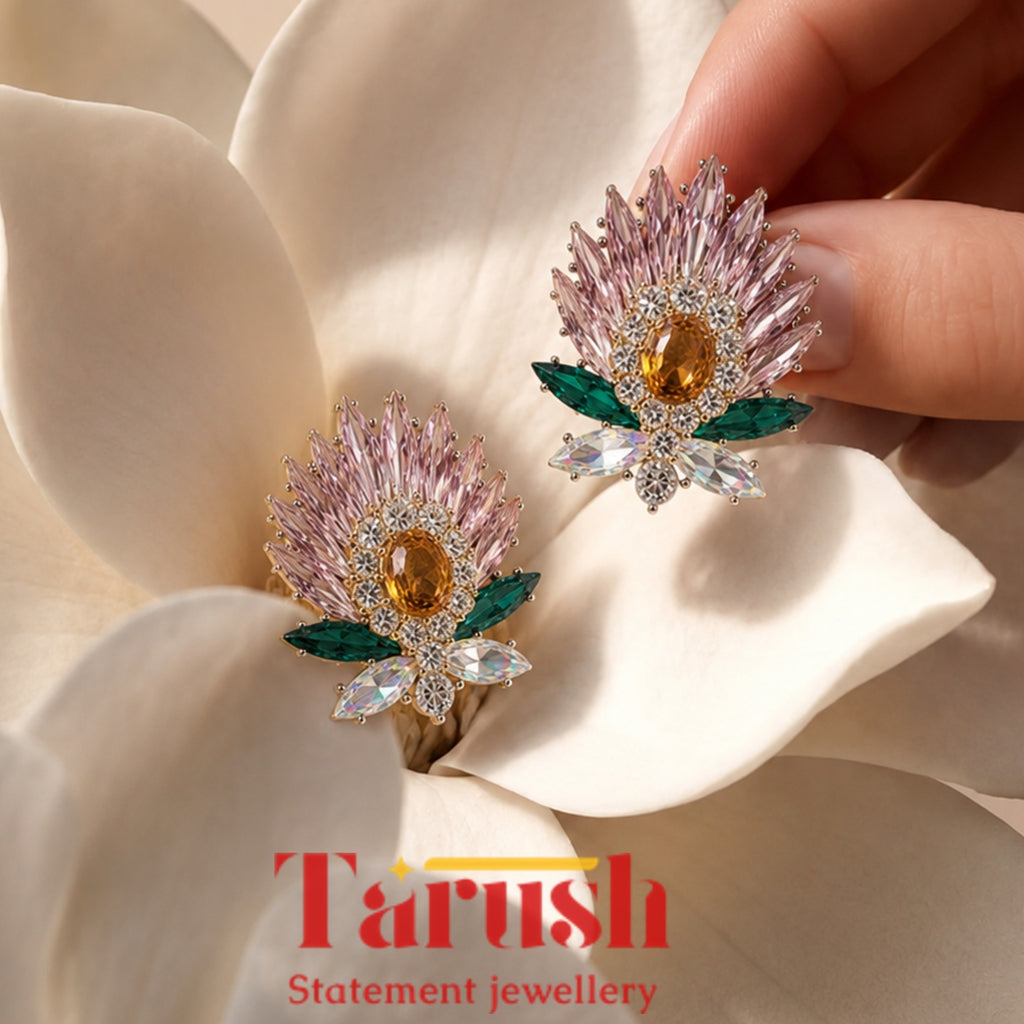 Crystal Floral Statement Earrings | Stainless Steel Anti Tarnish Earrings for Women