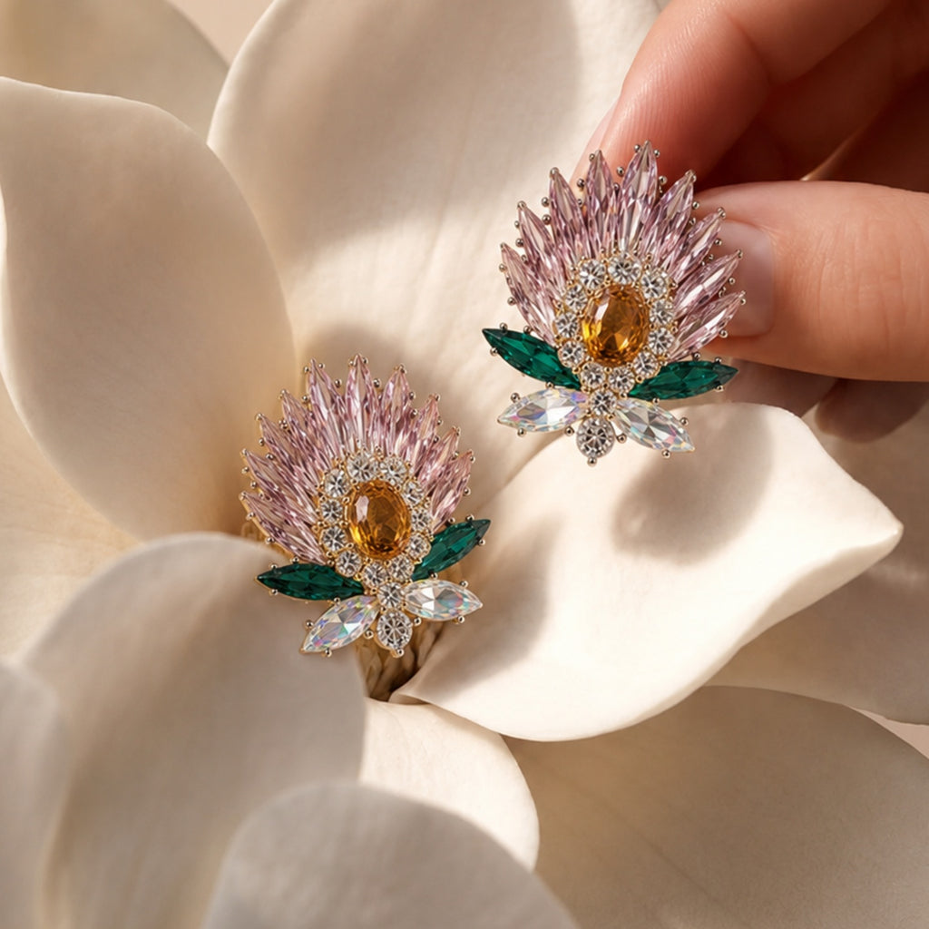 Crystal Floral Statement Earrings | Stainless Steel Anti Tarnish Earrings for Women