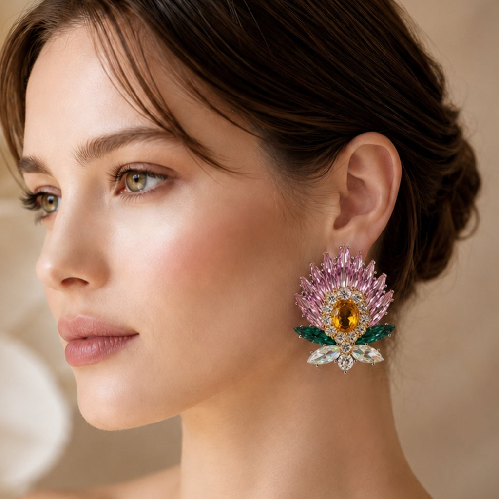Crystal Floral Statement Earrings | Stainless Steel Anti Tarnish Earrings for Women