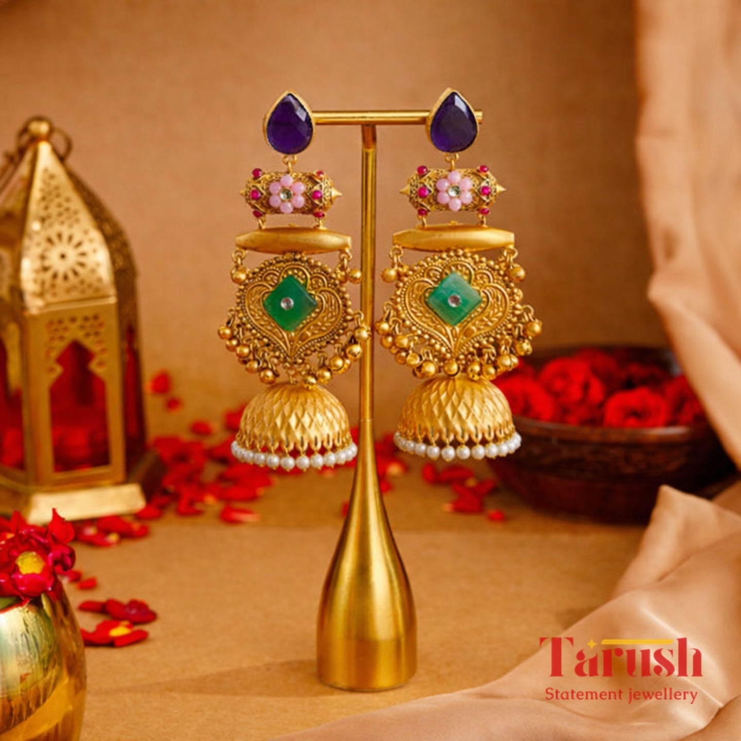 18 Kt Gold Plated - Kashmiri Jhumka Blue and Green - Perfect for Your Festive Wear - Very Light Weight