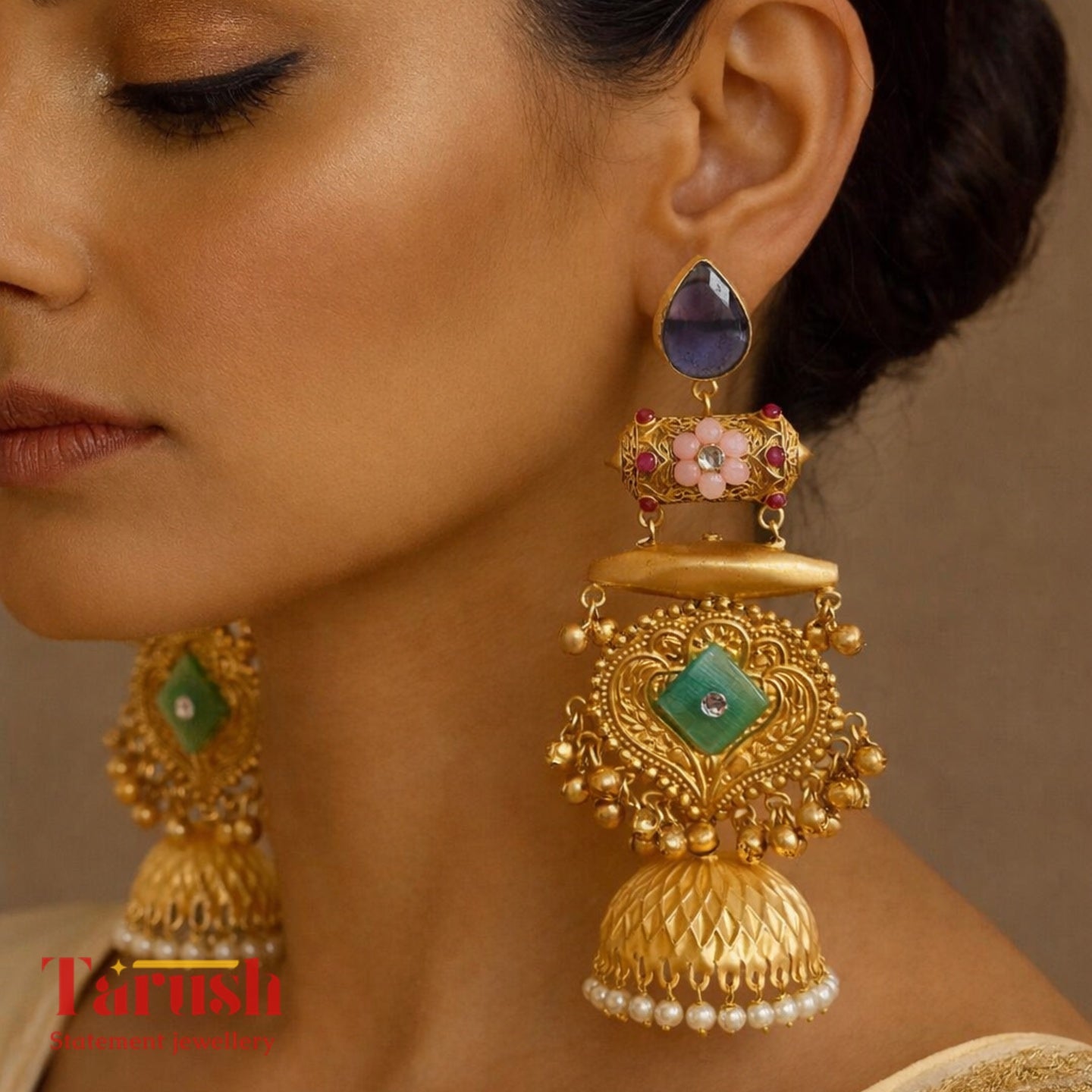 18 Kt Gold Plated - Kashmiri Jhumka Blue and Green - Perfect for Your Festive Wear - Very Light Weight
