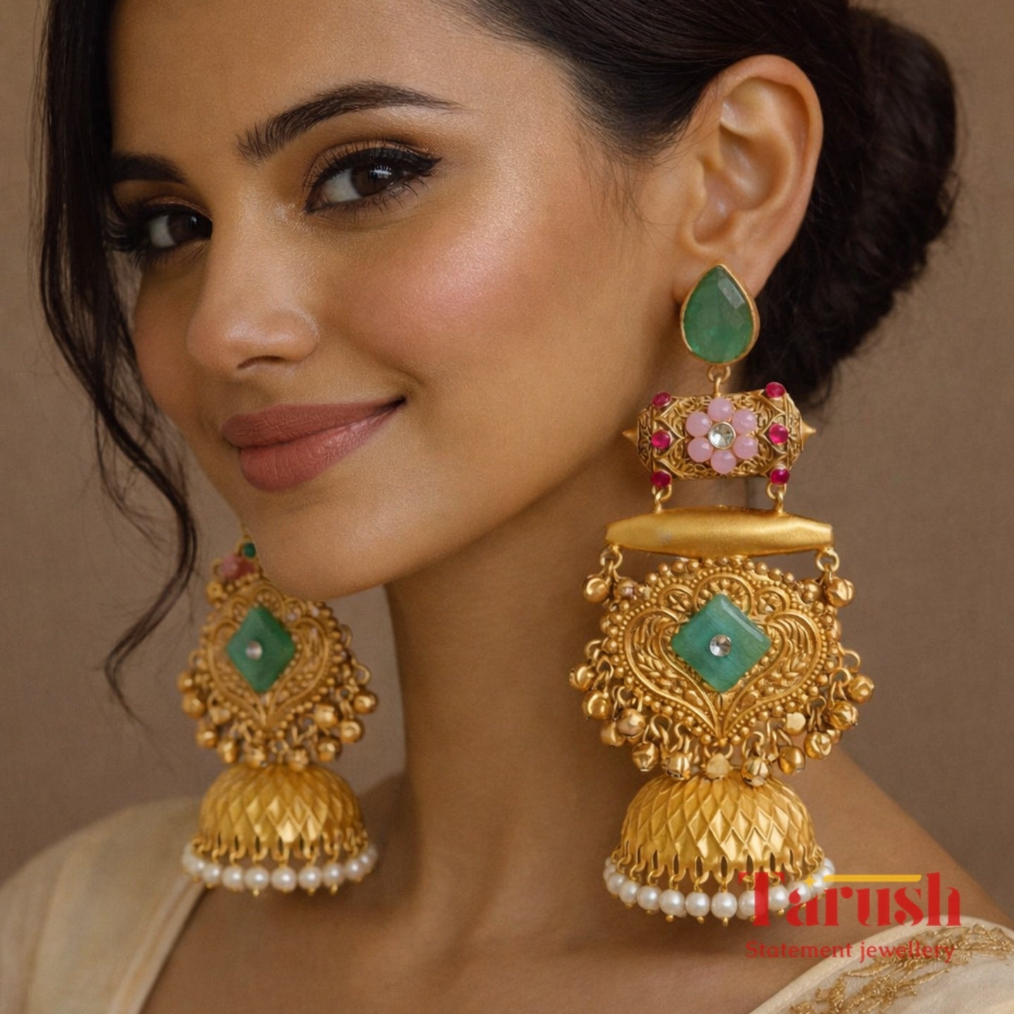 18 kt Gold Plated Kashmiri Jhumka Green - Perfect for Your Festivals - Very Light Weight