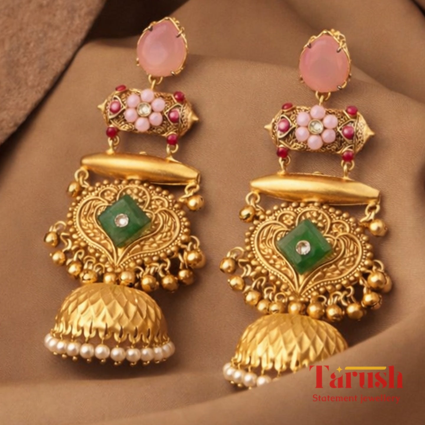 18 kt Gold Plated = Kashmiri Jhumka Pink and Green - Perfect for Your Festive Look - Very Light Weight
