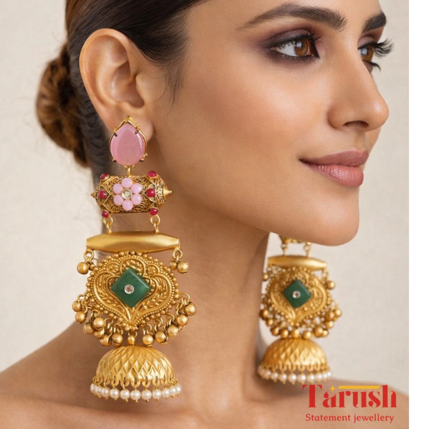 18 kt Gold Plated = Kashmiri Jhumka Pink and Green - Perfect for Your Festive Look - Very Light Weight