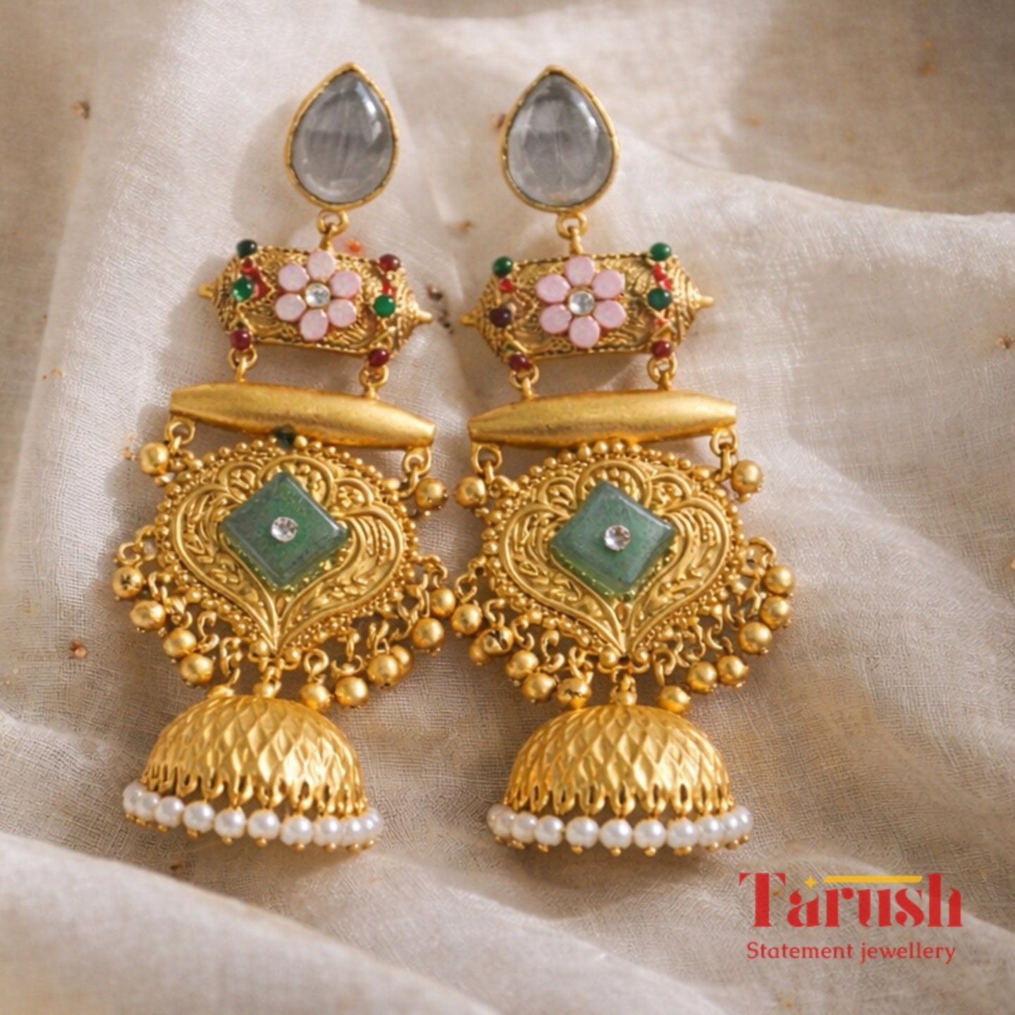 18 Kt Gold Plated - Kashmiri Jhumka Grey and Green - Perfect For Your Festive Occasions - Very Light Weight