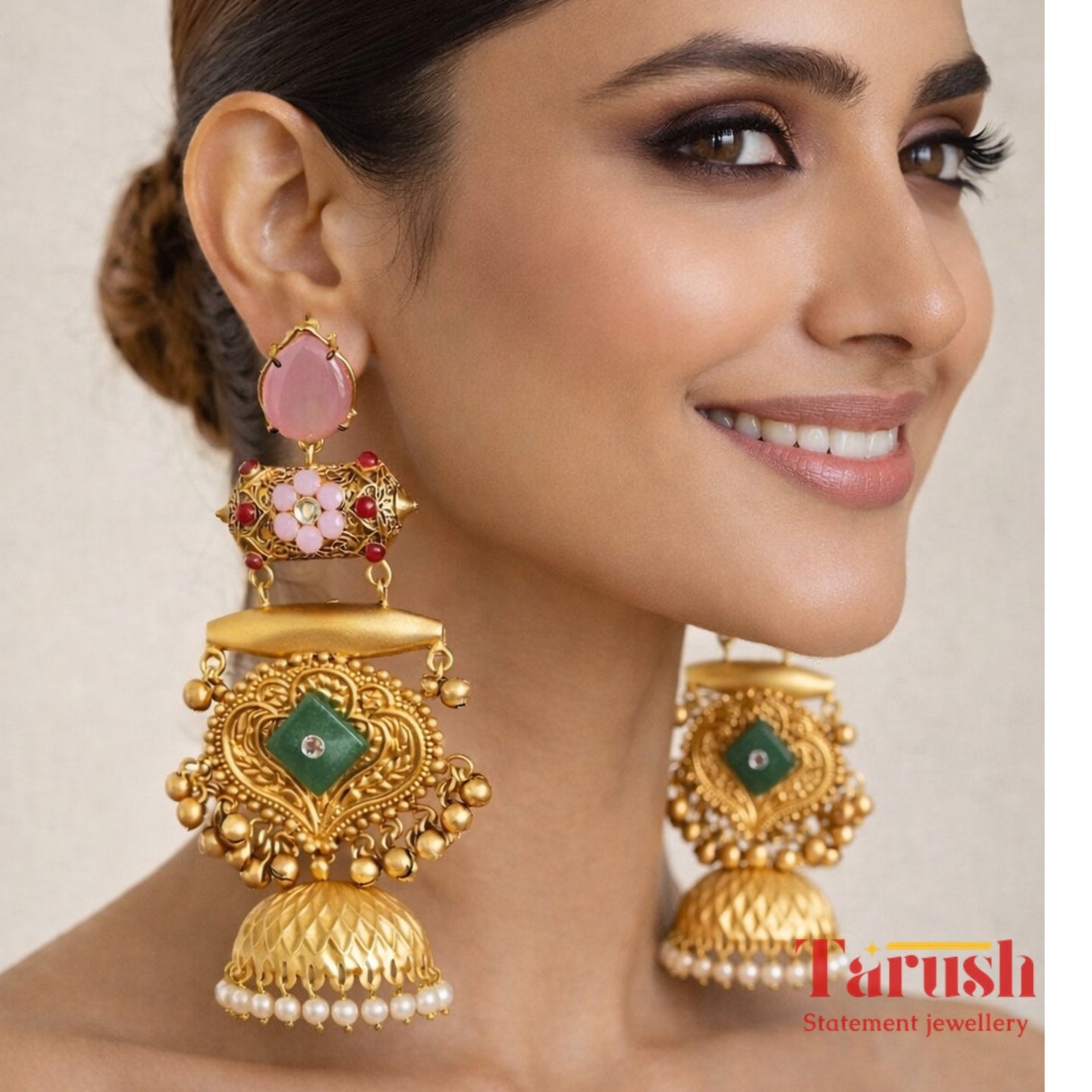 18 kt Gold Plated = Kashmiri Jhumka Pink and Green - Perfect for Your Festive Look - Very Light Weight