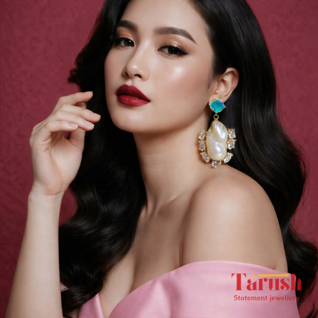 18 Kt Gold Plated  - Mother of Pearl with Blue Studs earrings - Perfect For Your Everyday Look Semi Precious stone