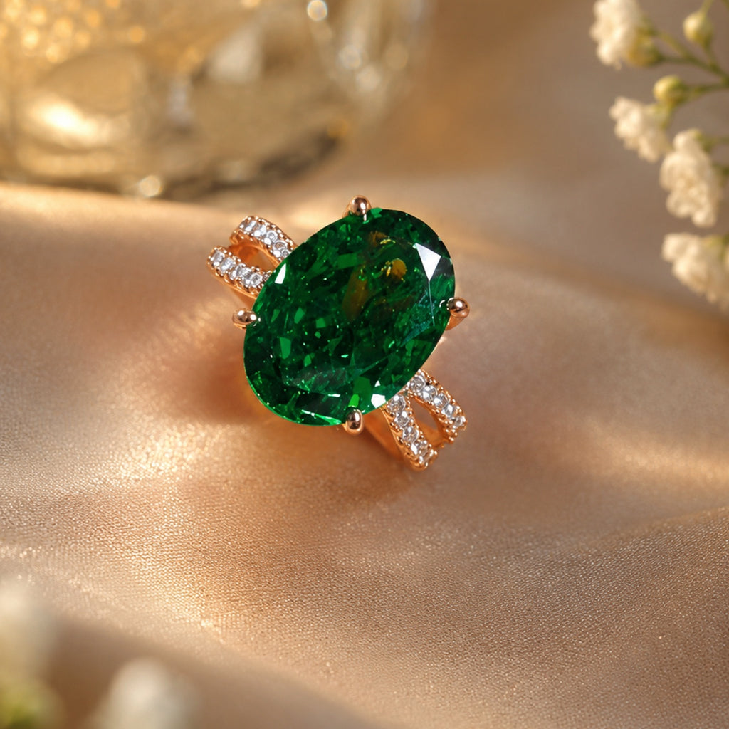 Emerald Green Crystal Statement Ring | Stainless Steel Anti Tarnish Adjustable Ring