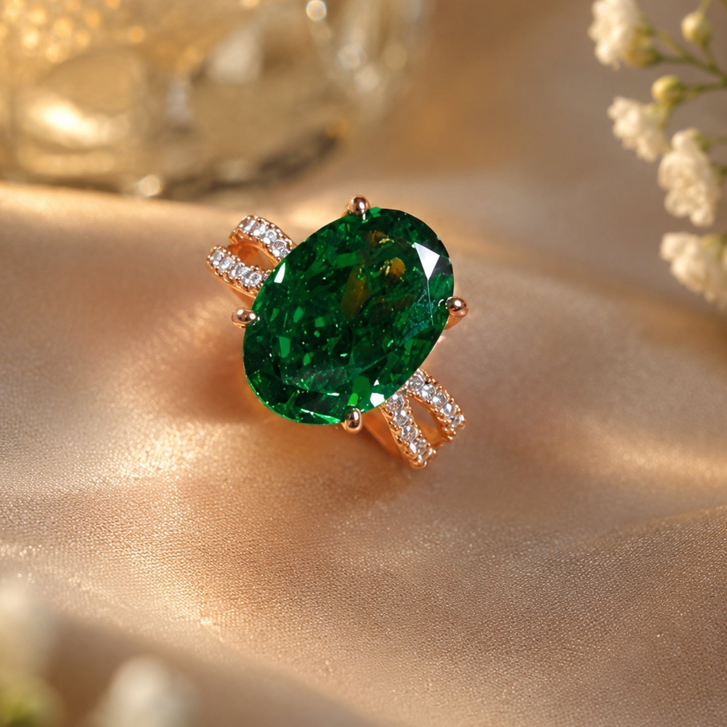 Emerald Green Crystal Statement Ring | Stainless Steel Anti Tarnish Adjustable Ring