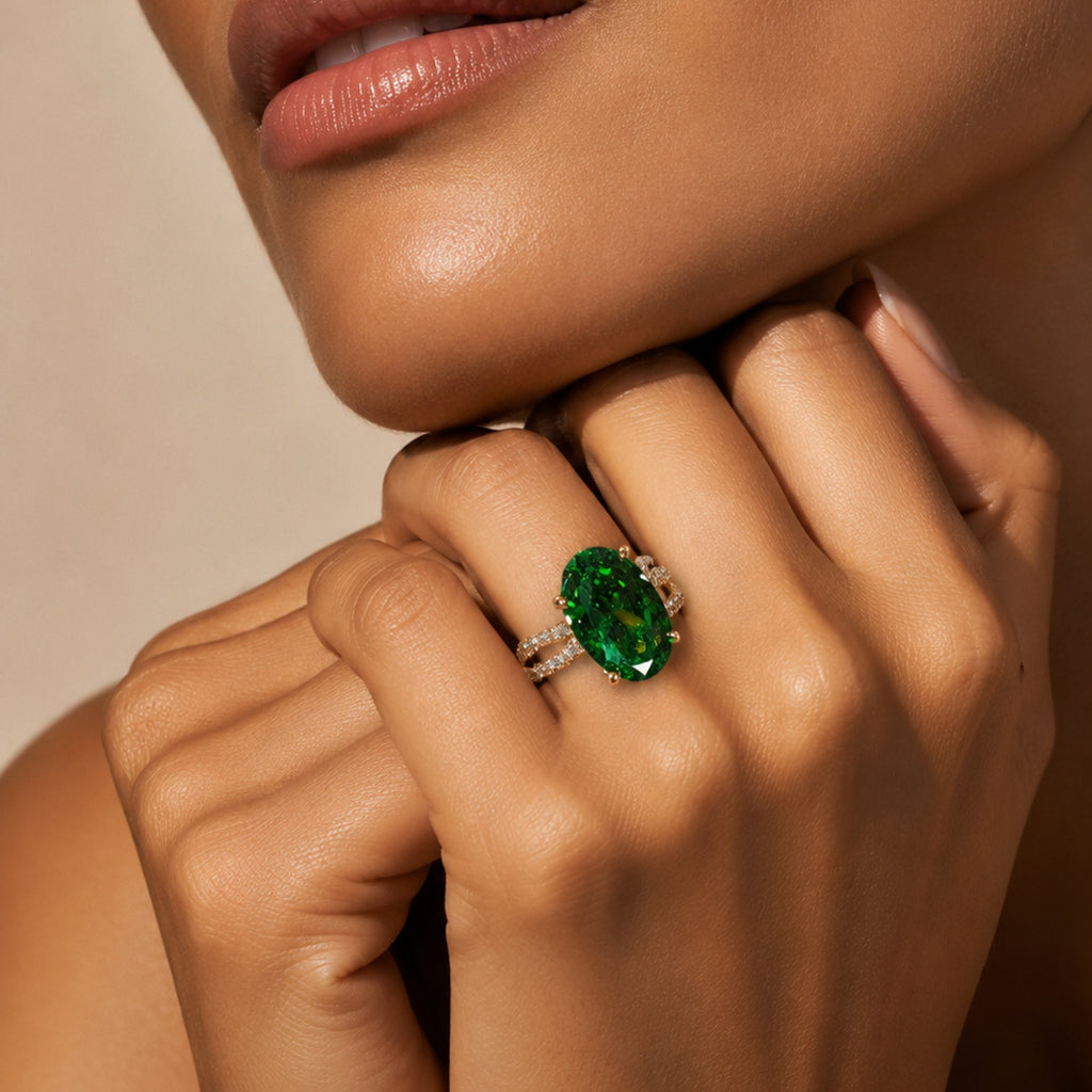 Emerald Green Crystal Statement Ring | Stainless Steel Anti Tarnish Adjustable Ring