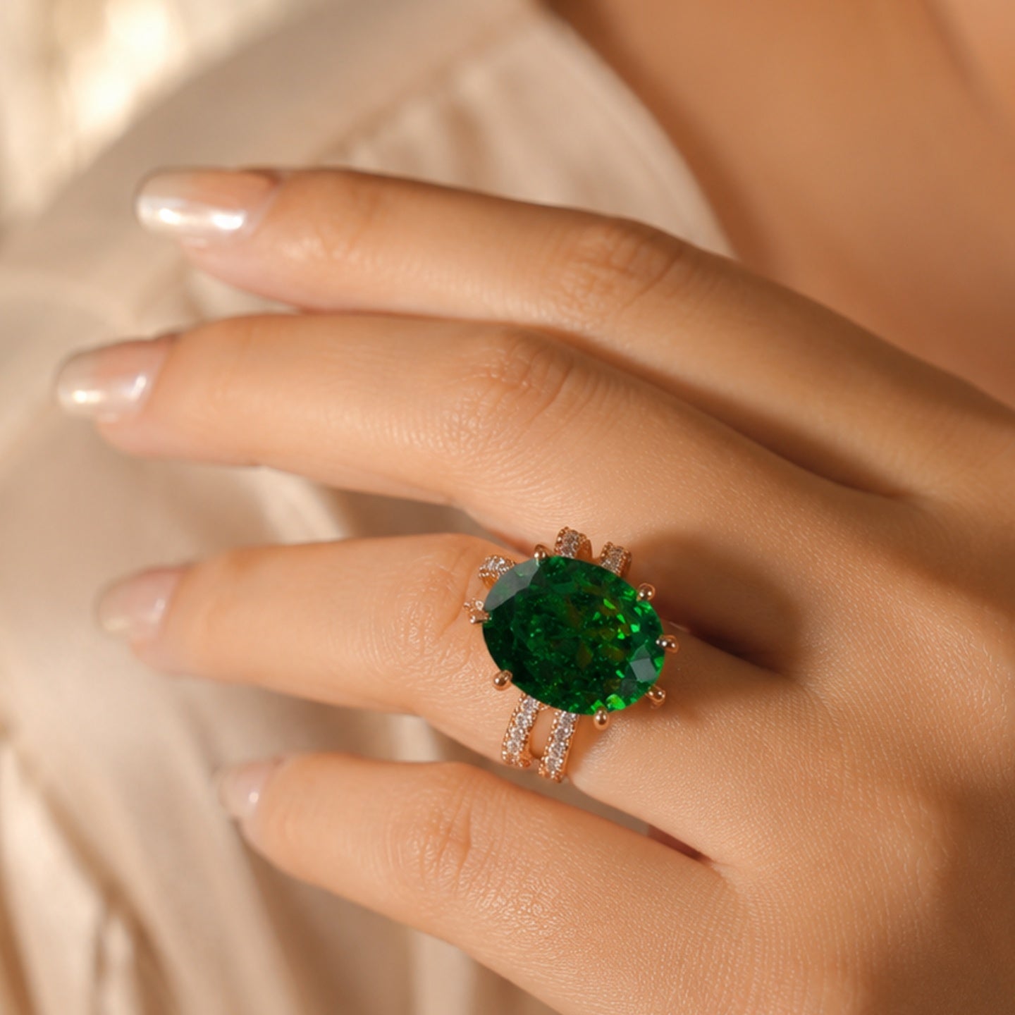 Emerald Green Crystal Statement Ring | Stainless Steel Anti Tarnish Adjustable Ring