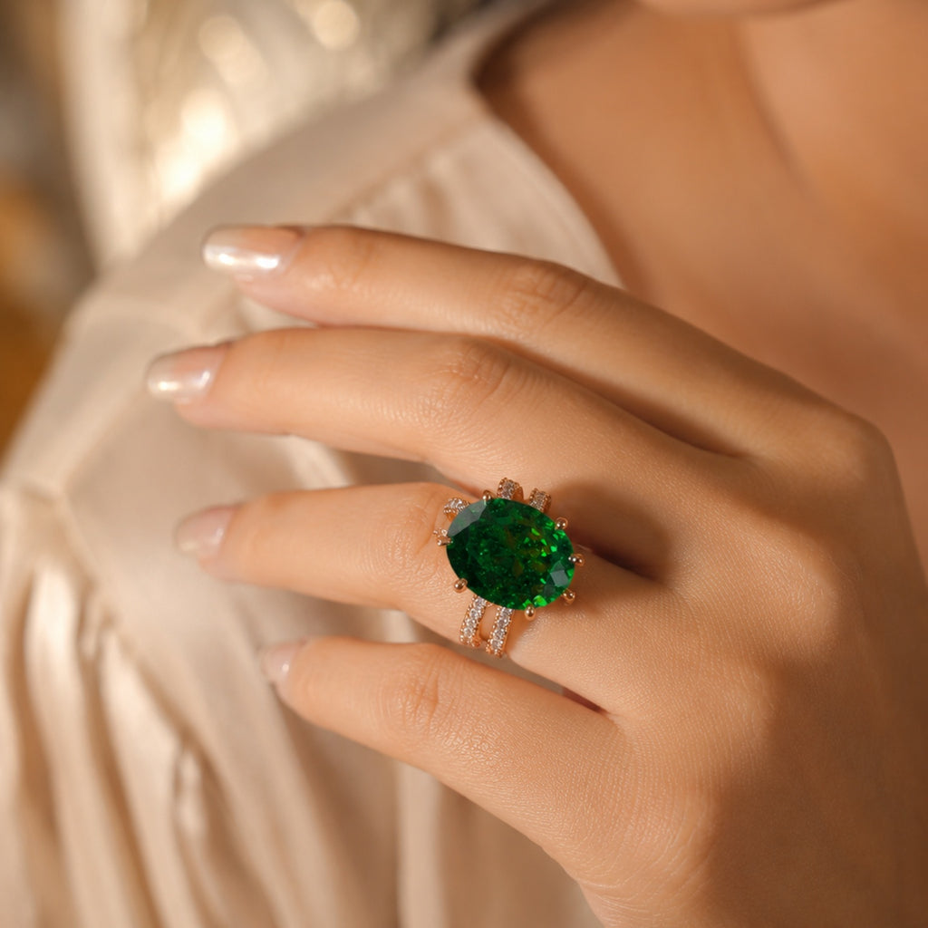 Emerald Green Crystal Statement Ring | Stainless Steel Anti Tarnish Adjustable Ring