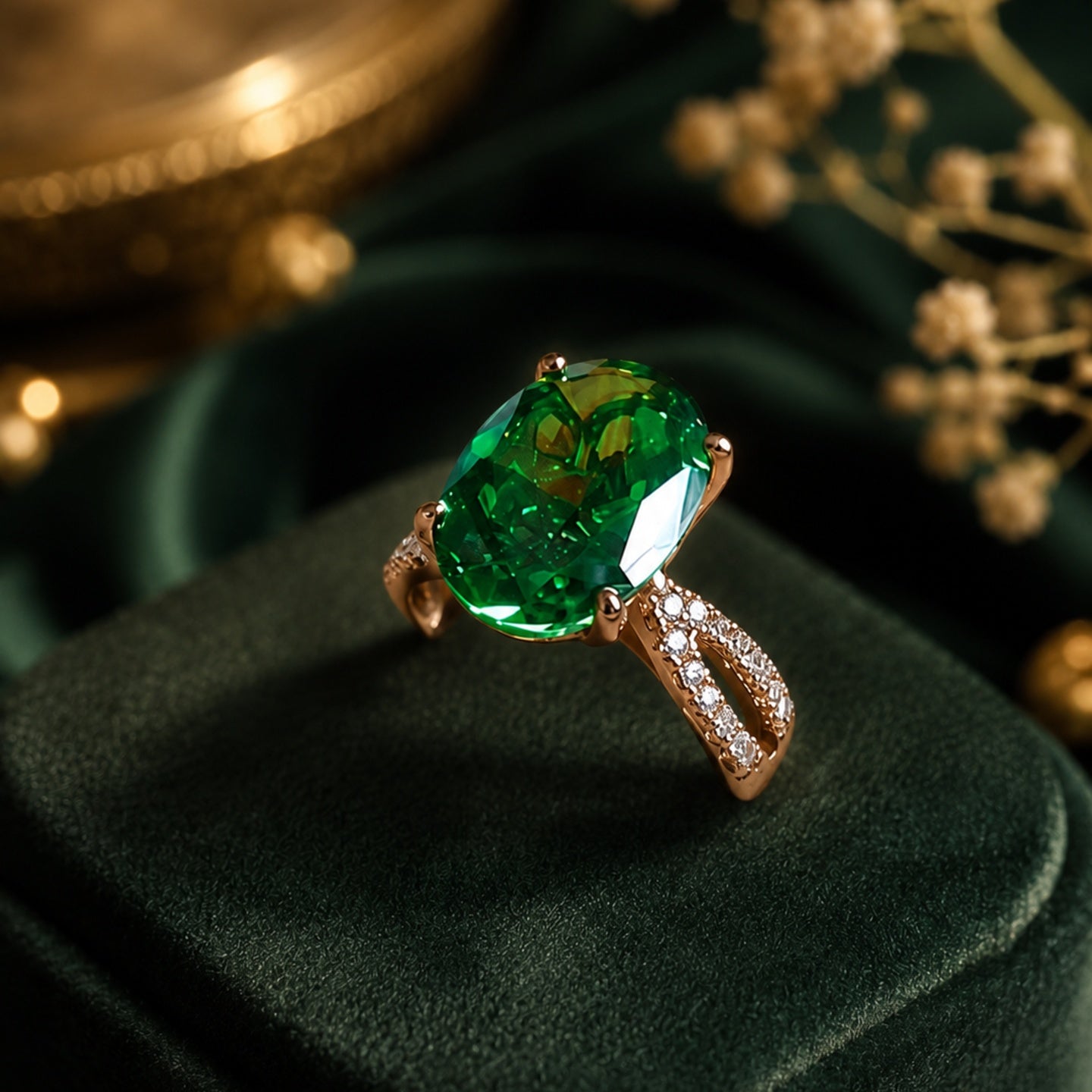 Emerald Green Crystal Statement Ring | Stainless Steel Anti Tarnish Adjustable Ring