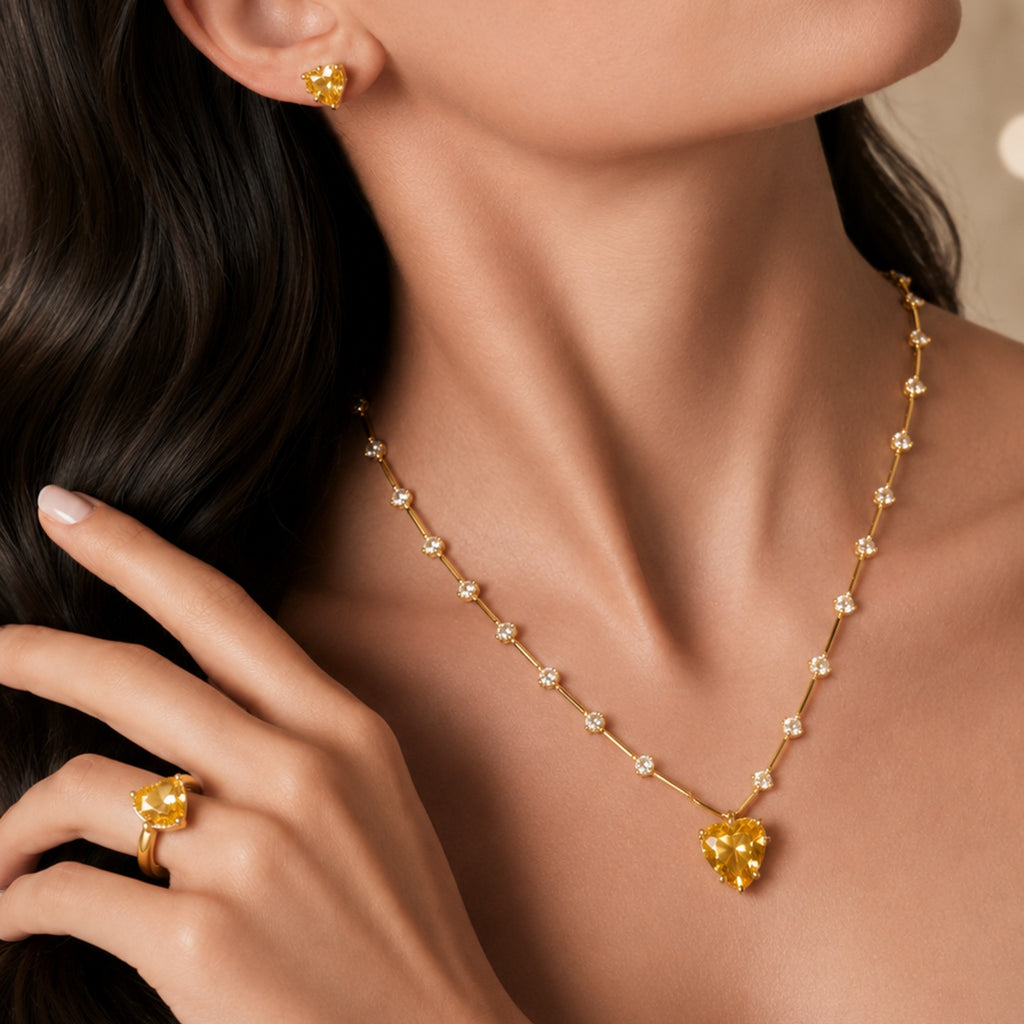 Yellow Diamond Look - Heart Jewelry Set | Stainless Steel Anti Tarnish Necklace, Earrings & Ring Set