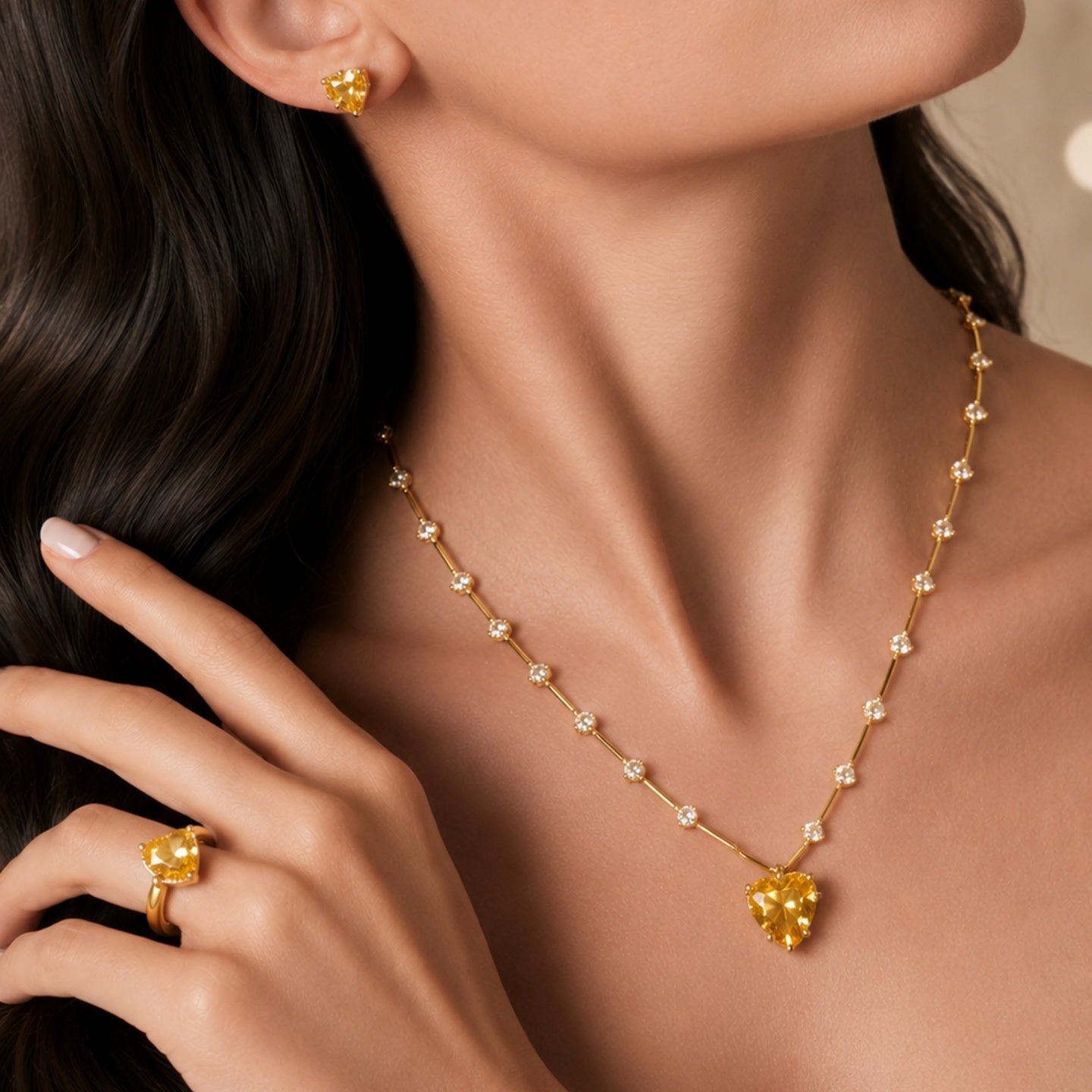 Yellow Diamond Look - Heart Jewelry Set | Stainless Steel Anti Tarnish Necklace, Earrings & Ring Set