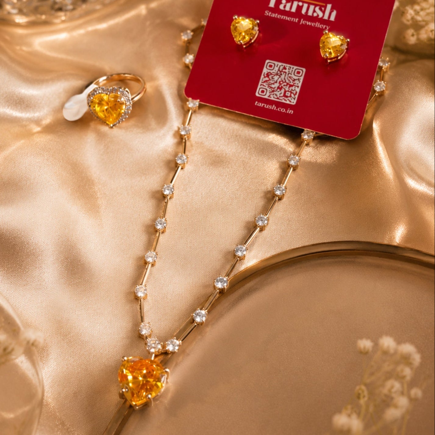 Yellow Diamond Look - Heart Jewelry Set | Stainless Steel Anti Tarnish Necklace, Earrings & Ring Set