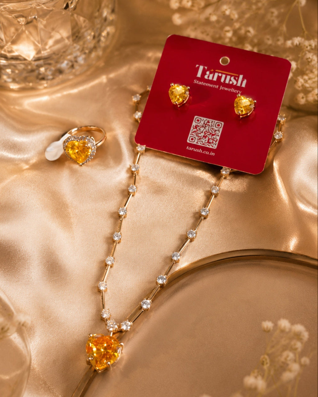 Yellow Diamond Look - Heart Jewelry Set | Stainless Steel Anti Tarnish Necklace, Earrings & Ring Set