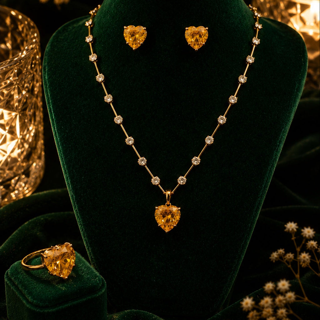Yellow Diamond Look - Heart Jewelry Set | Stainless Steel Anti Tarnish Necklace, Earrings & Ring Set