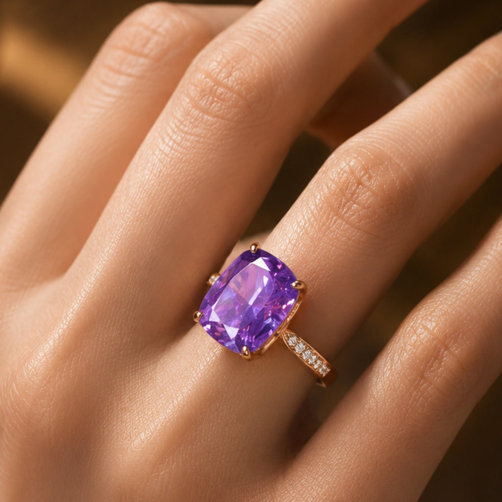 Purple Cushion Cut Diamond Look (AD) Ring | Stainless Steel Anti Tarnish Ring