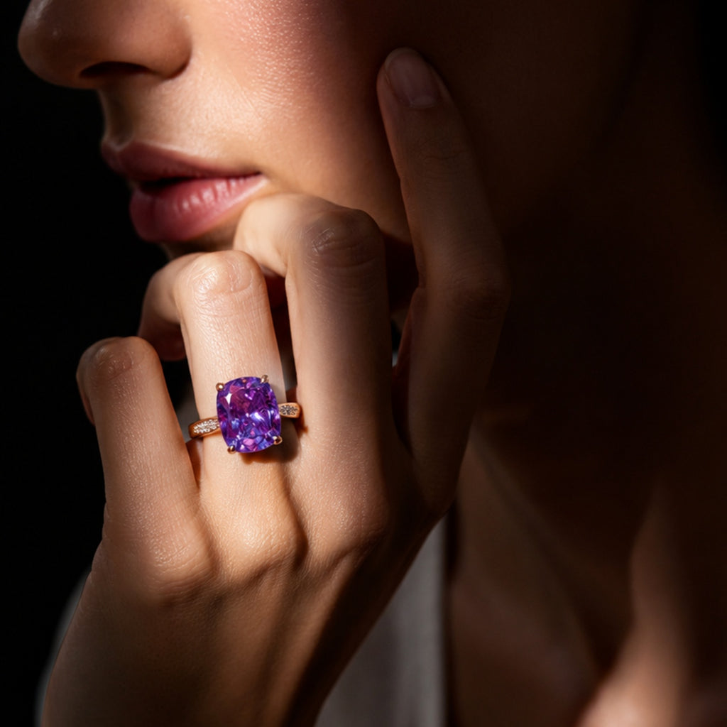 Purple Cushion Cut Diamond Look (AD) Ring | Stainless Steel Anti Tarnish Ring