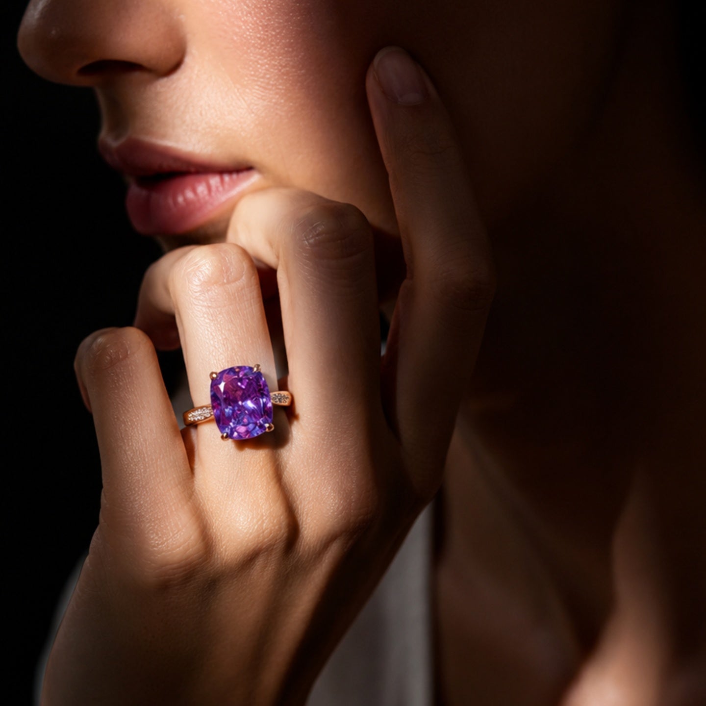 Purple Cushion Cut Diamond Look (AD) Ring | Stainless Steel Anti Tarnish Ring