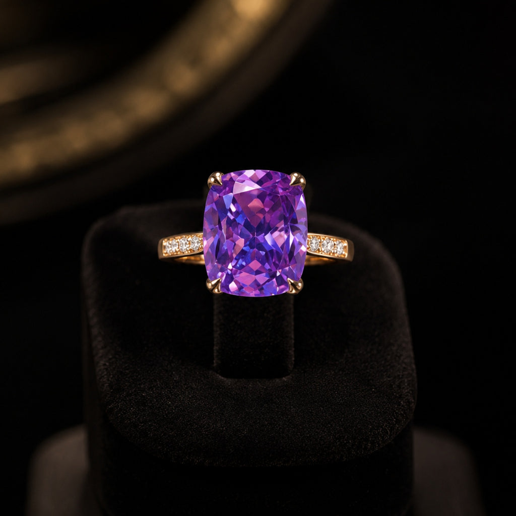 Purple Cushion Cut Diamond Look (AD) Ring | Stainless Steel Anti Tarnish Ring