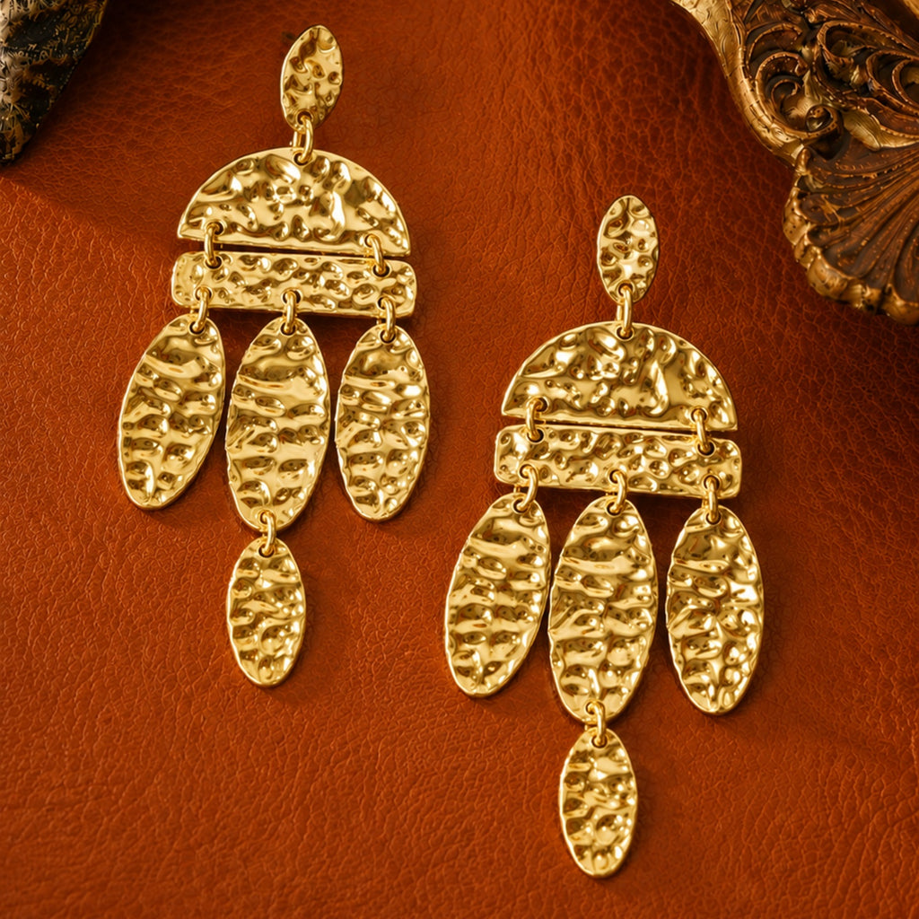 Textured Gold Chandelier Earrings | Stainless Steel Anti Tarnish Statement Earrings