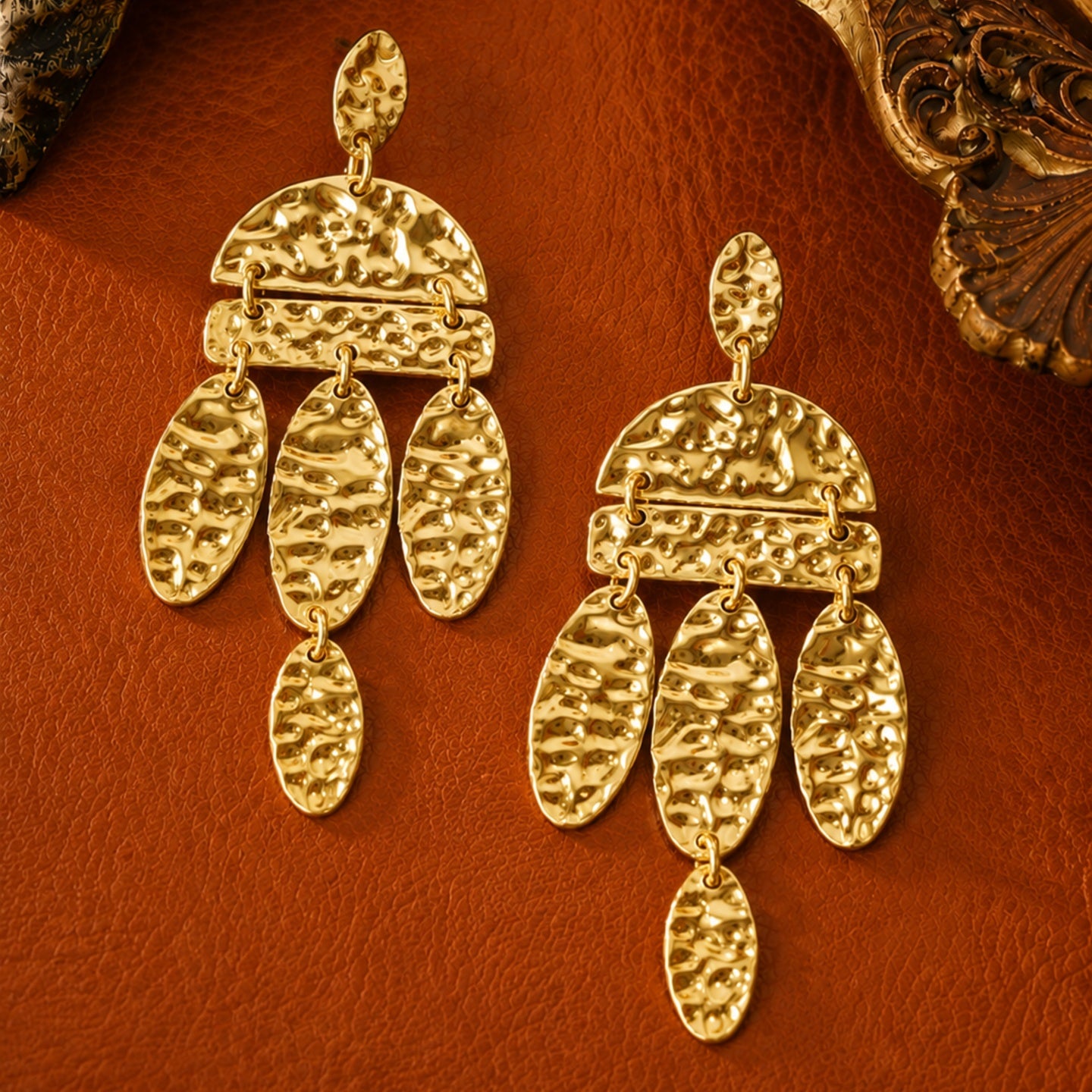 Textured Gold Chandelier Earrings | Stainless Steel Anti Tarnish Statement Earrings