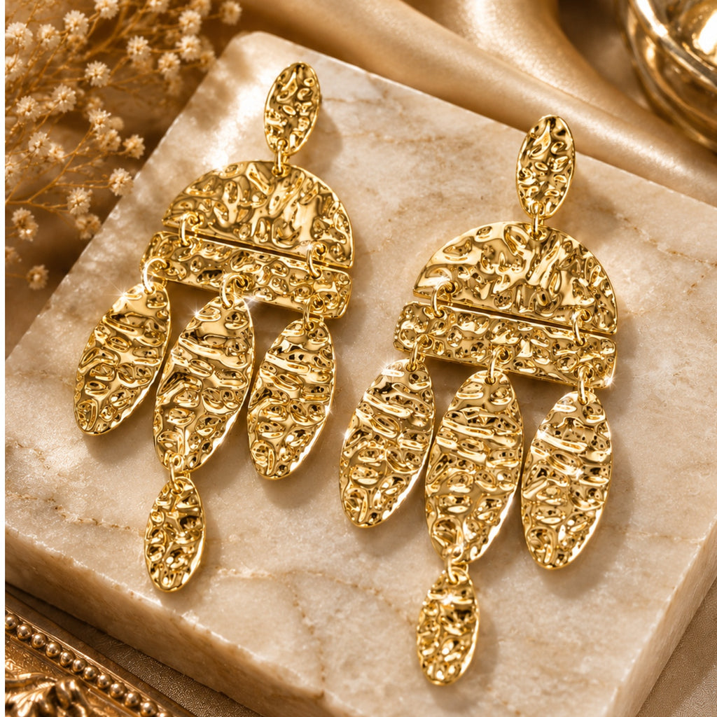 Textured Gold Chandelier Earrings | Stainless Steel Anti Tarnish Statement Earrings