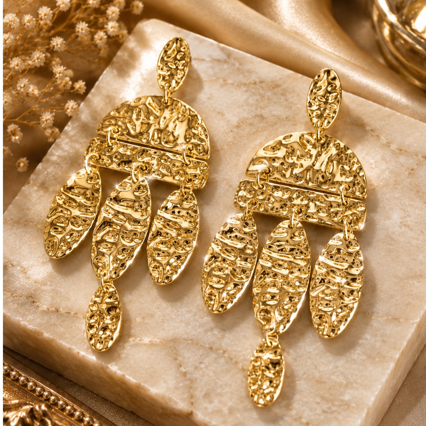 Textured Gold Chandelier Earrings | Stainless Steel Anti Tarnish Statement Earrings