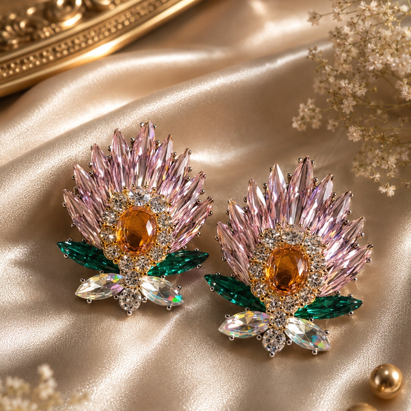 Crystal Floral Statement Earrings | Stainless Steel Anti Tarnish Earrings for Women