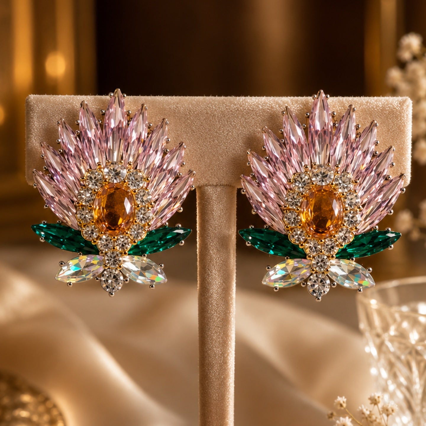 Crystal Floral Statement Earrings | Stainless Steel Anti Tarnish Earrings for Women