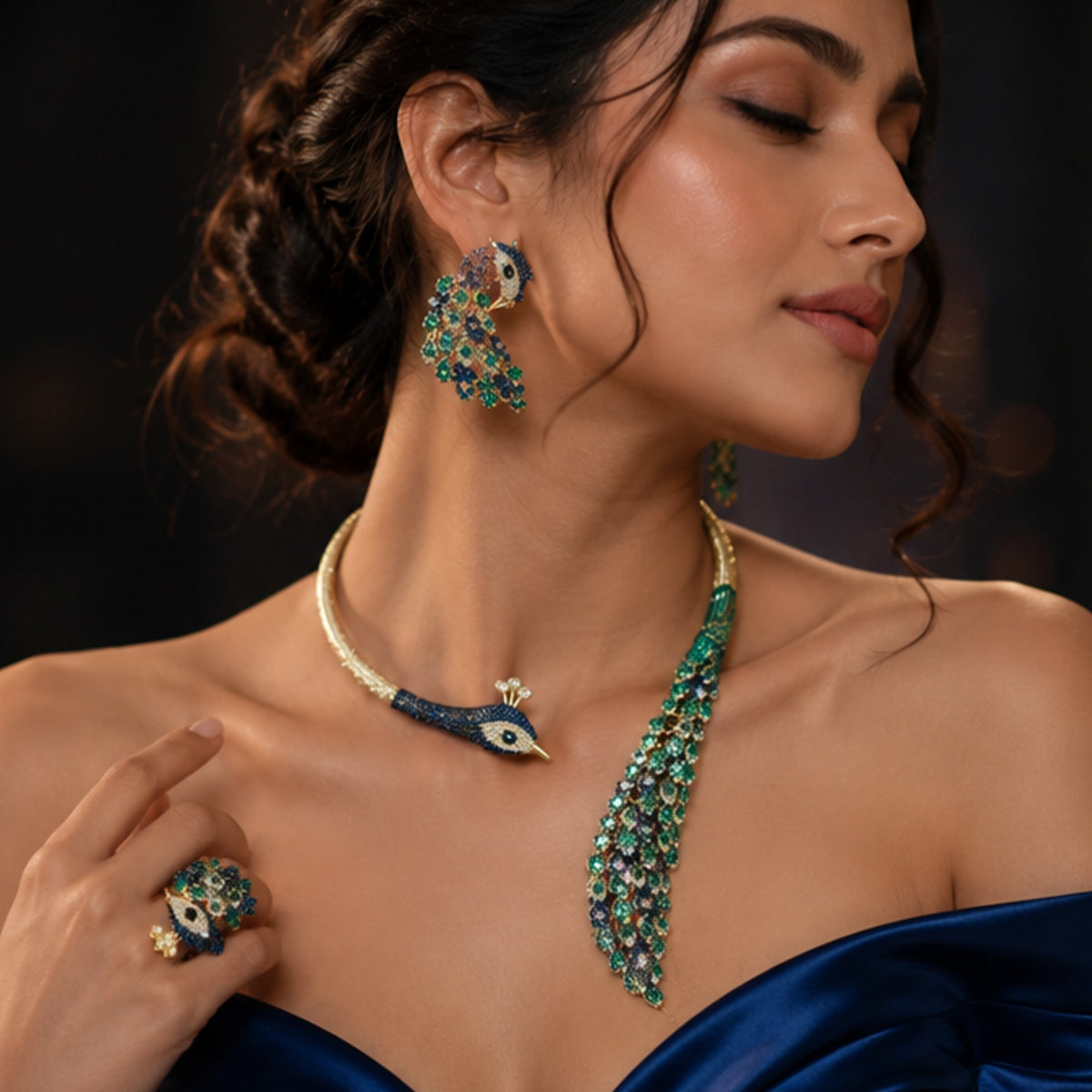 Royal Peacock Statement Jewelry Set | Nano setting Necklace, Earrings , bracelet & Adjustable Ring Set for Women