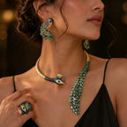 Royal Peacock Statement Jewelry Set | Nano setting Necklace, Earrings , bracelet & Adjustable Ring Set for Women