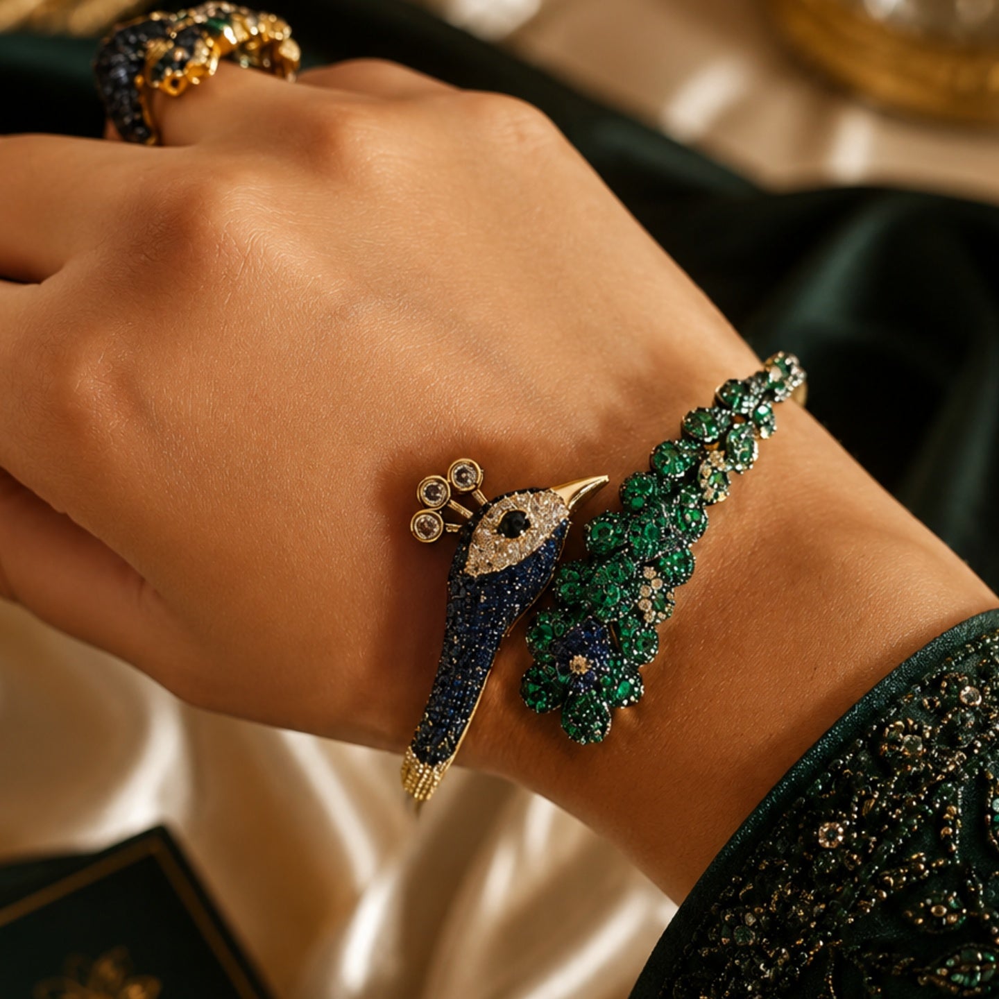 Royal Peacock Statement Jewelry Set | Nano setting Necklace, Earrings , bracelet & Adjustable Ring Set for Women