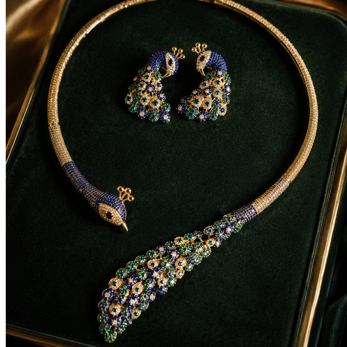 Royal Peacock Statement Jewelry Set | Nano setting Necklace, Earrings , bracelet & Adjustable Ring Set for Women