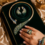 Royal Peacock Statement Jewelry Set | Nano setting Necklace, Earrings , bracelet & Adjustable Ring Set for Women
