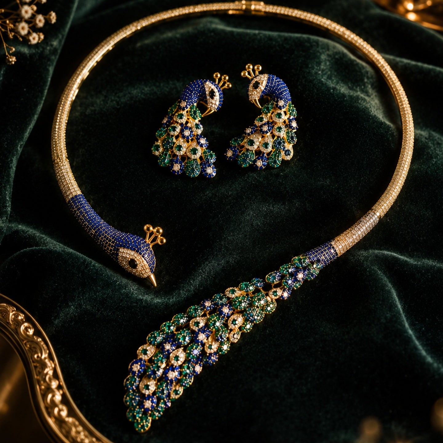Royal Peacock Statement Jewelry Set | Nano setting Necklace, Earrings , bracelet & Adjustable Ring Set for Women