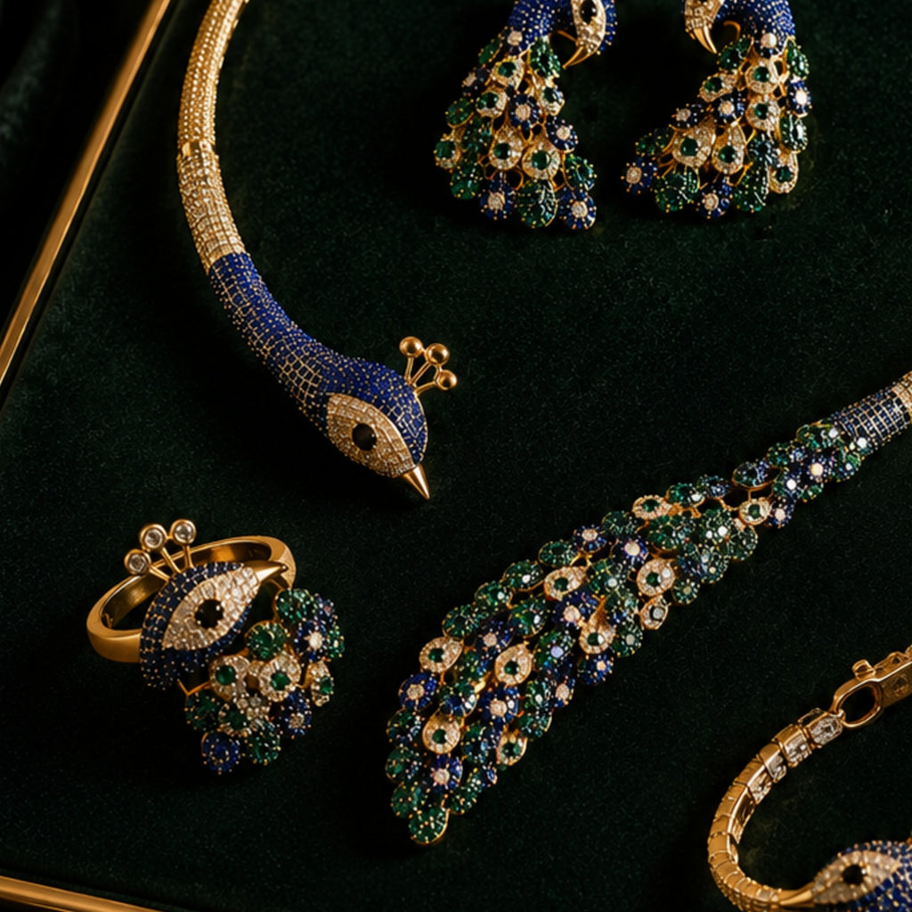 Royal Peacock Statement Jewelry Set | Nano setting Necklace, Earrings , bracelet & Adjustable Ring Set for Women
